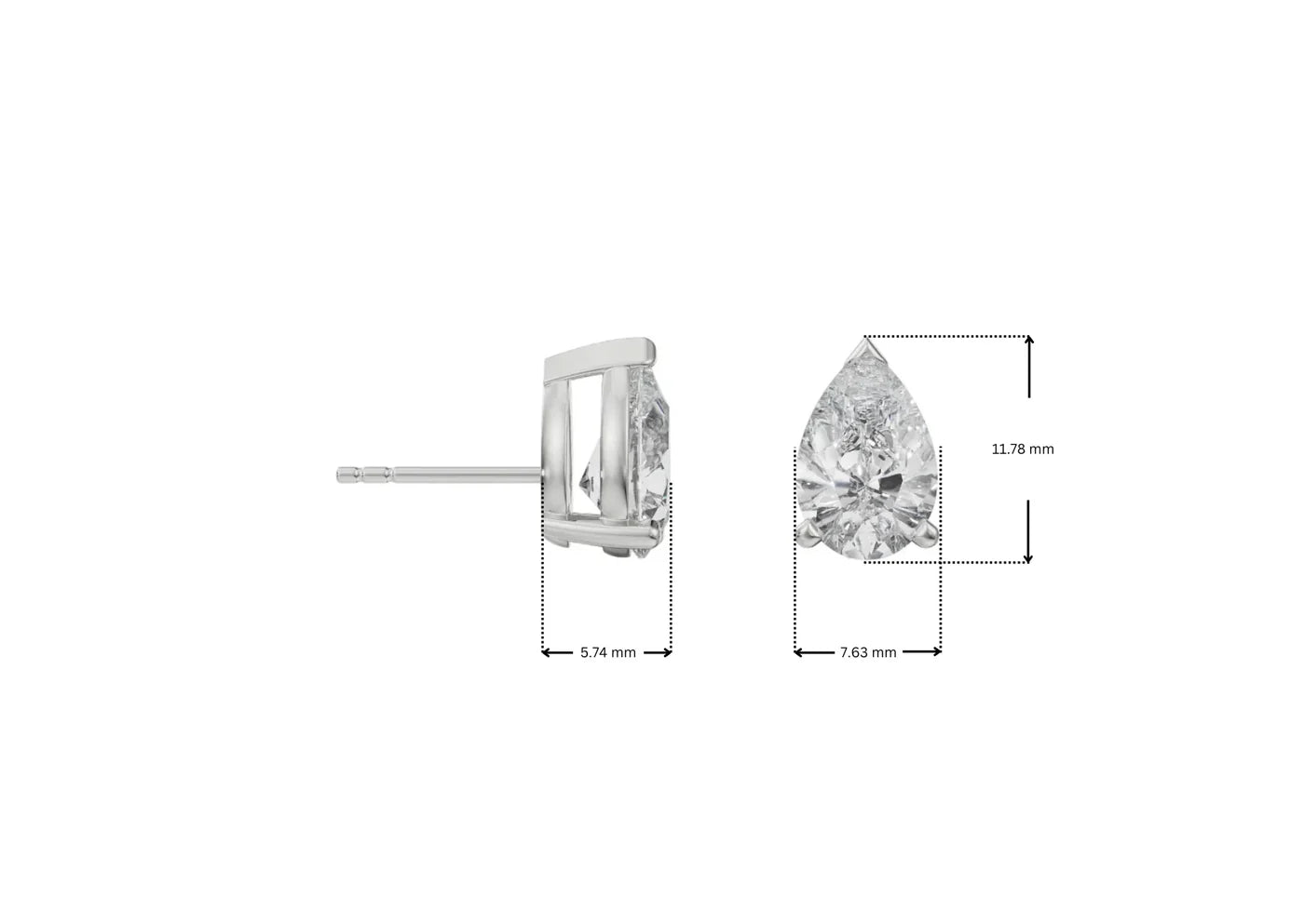 Diamond earring with measurements on a white background