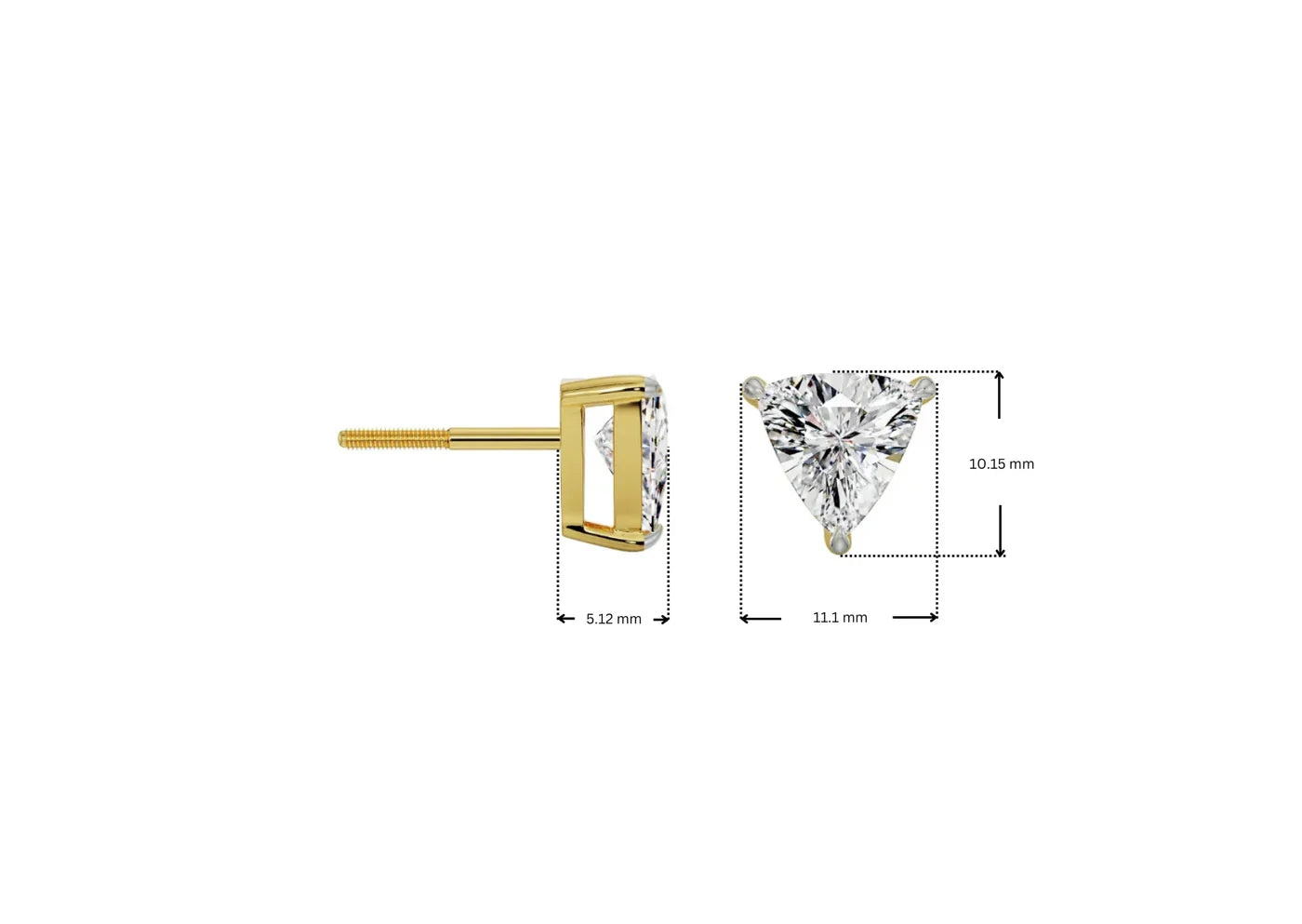 Gold earring with clear gemstone and measurement details on a white background