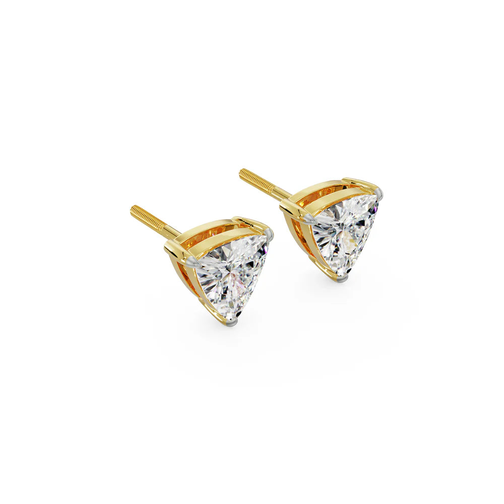 Gold-trimmed triangle-shaped stud earrings on a white background