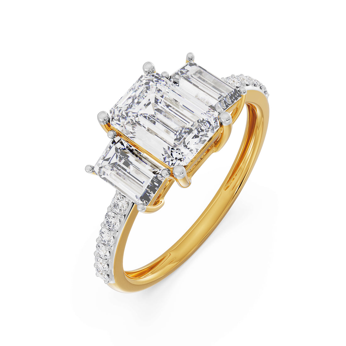 Three-Stone Emerald Cut Diamond Engagement Ring in Yellow Gold