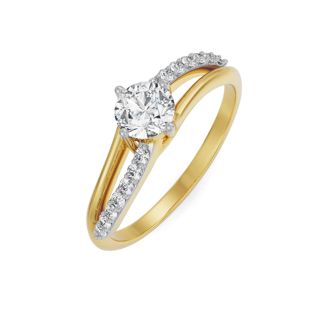 Yellow Gold Split Shank Diamond Ring | Round Center with Pavé Accents