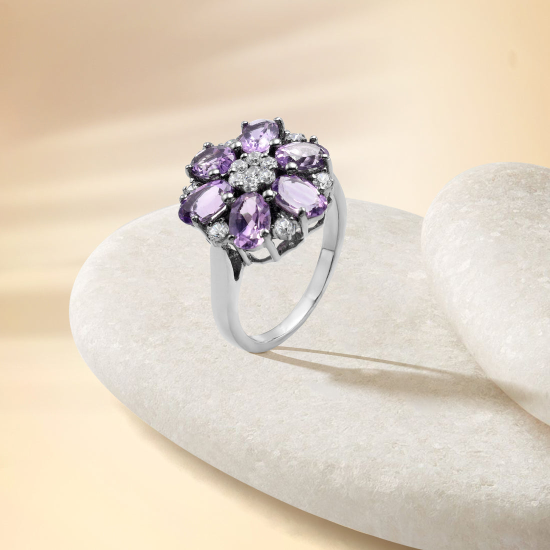925 Silver Amethyst Ring With Cubic Zirconia & Amethyst Stones