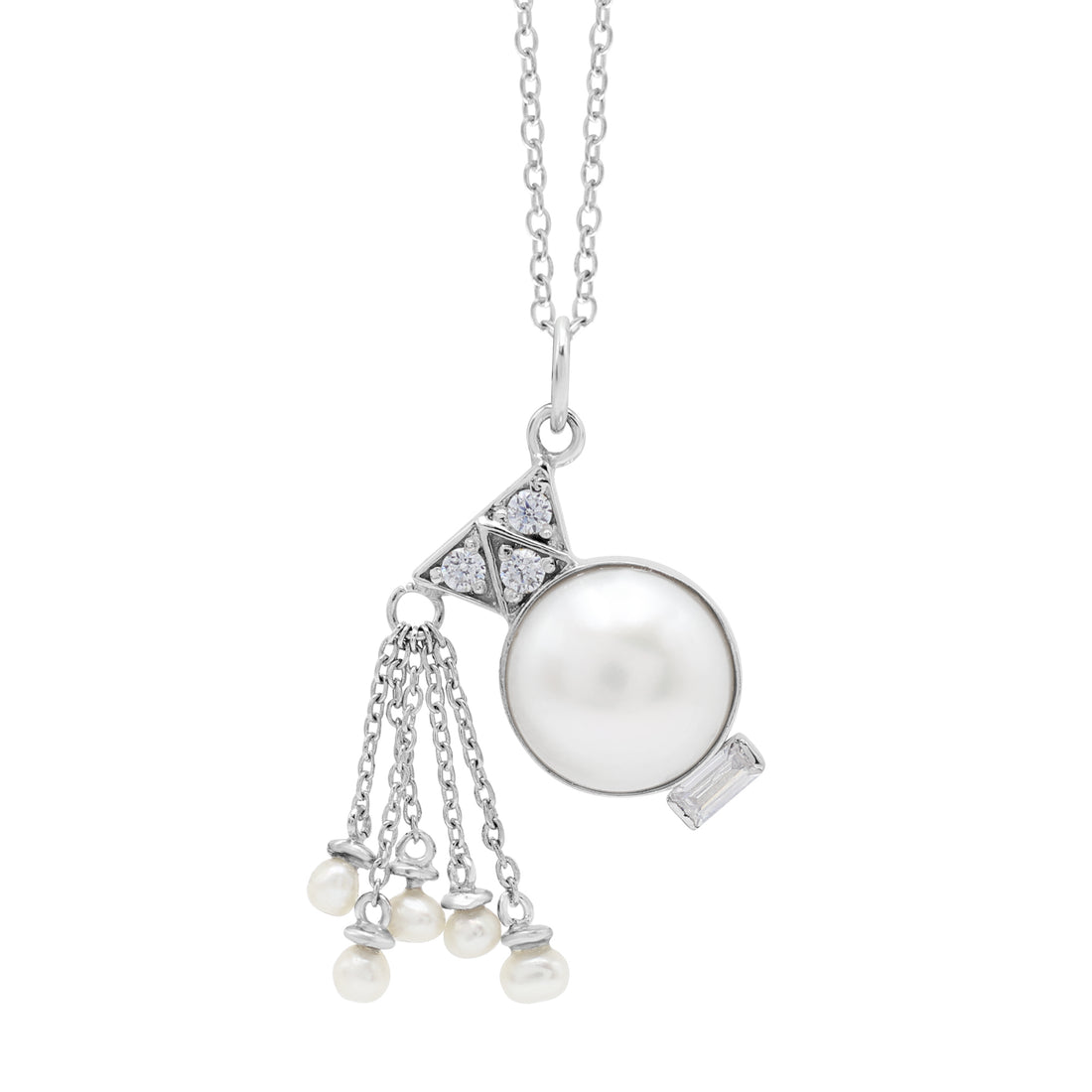925 Silver Aquarius Pendant White Gold Plated Cubic Zirconia & Freshwater Pearl