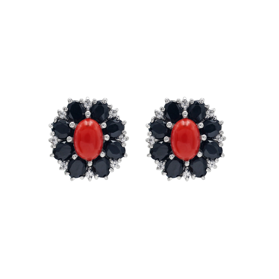 925 Silver Cubic Zirconias, Black Onyx Red Coral Earrings