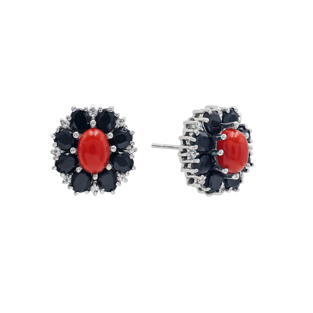 925 Silver Cubic Zirconias, Black Onyx Red Coral Earrings