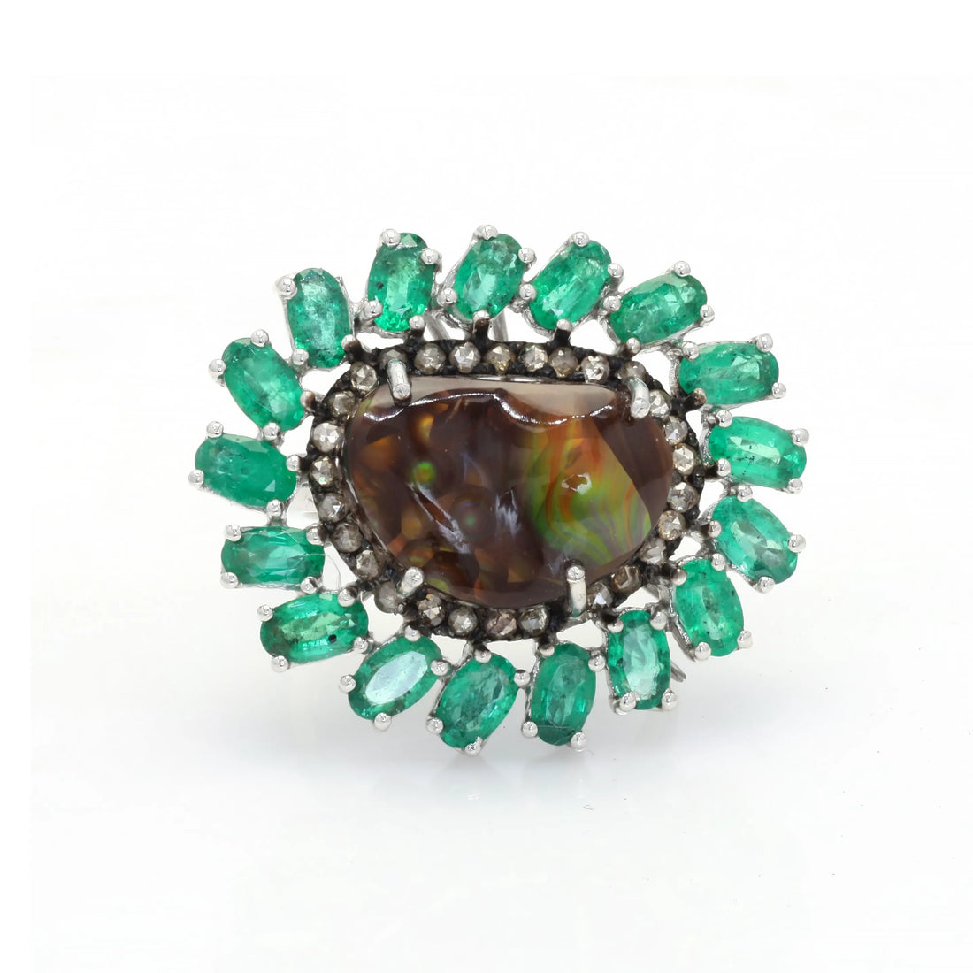 925 Silver Fire Agate & Emerald Gemstone Ring