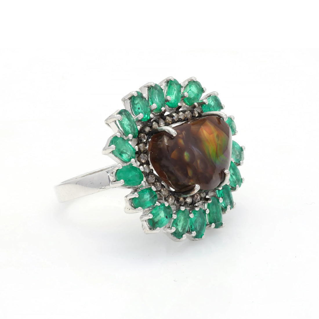 925 Silver Fire Agate & Emerald Gemstone Ring