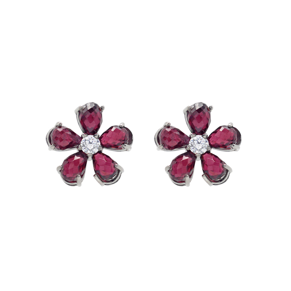 925 Silver Floral Rhodolite Earrings White Gold Plated
