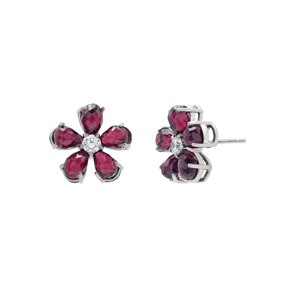 925 Silver Floral Rhodolite Earrings White Gold Plated