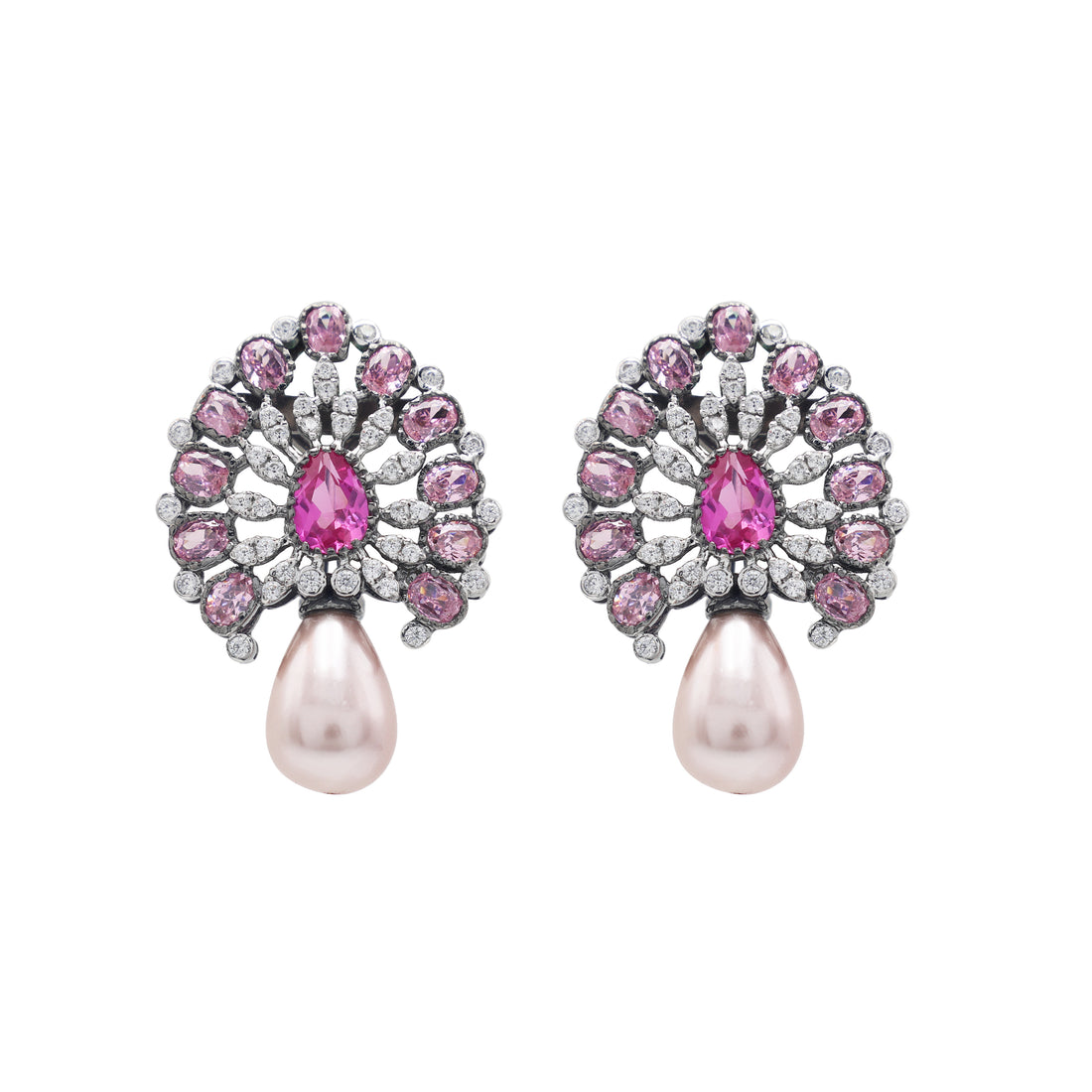 925 Silver Lab-Grown Pink Stone& Fresh-Water Pearl Earrings