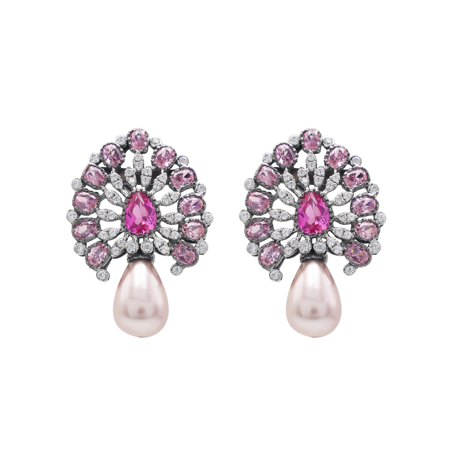 925 Silver Lab-Grown Pink Stone& Fresh-Water Pearl Earrings