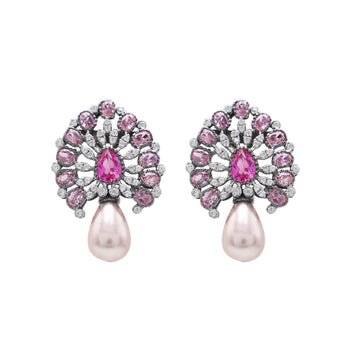 925 Silver Lab-Grown Pink Stone& Fresh-Water Pearl Earrings