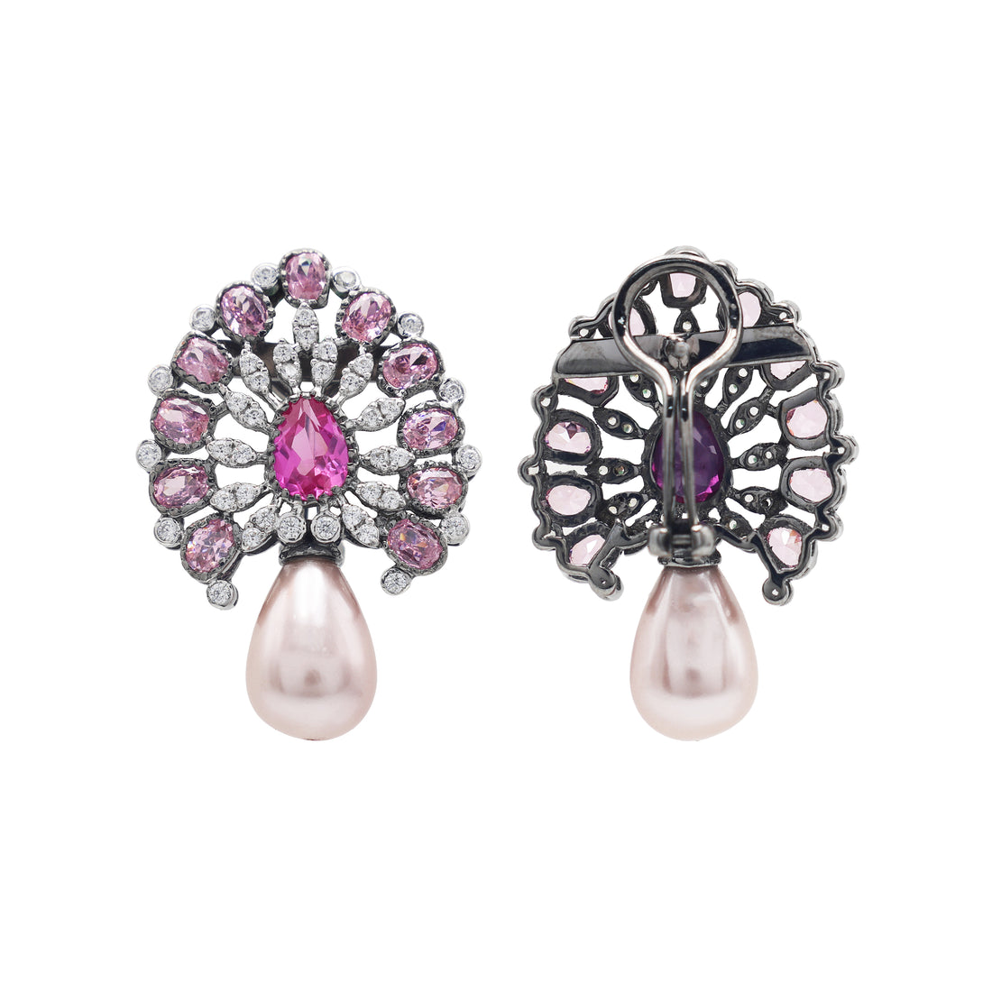 925 Silver Lab-Grown Pink Stone& Fresh-Water Pearl Earrings