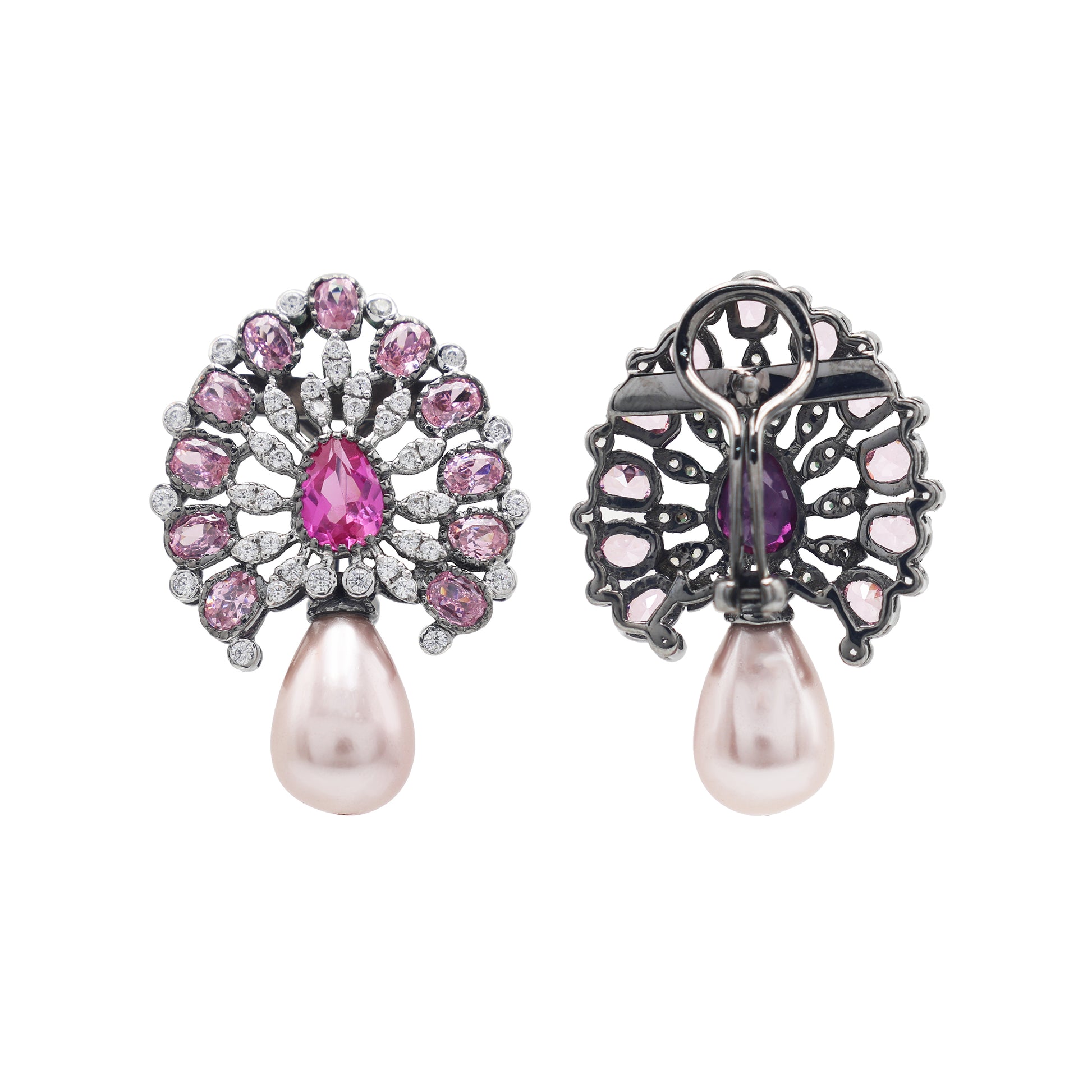 925 Silver Lab-Grown Pink Stone & Fresh-Water Pearl Earrings Back View