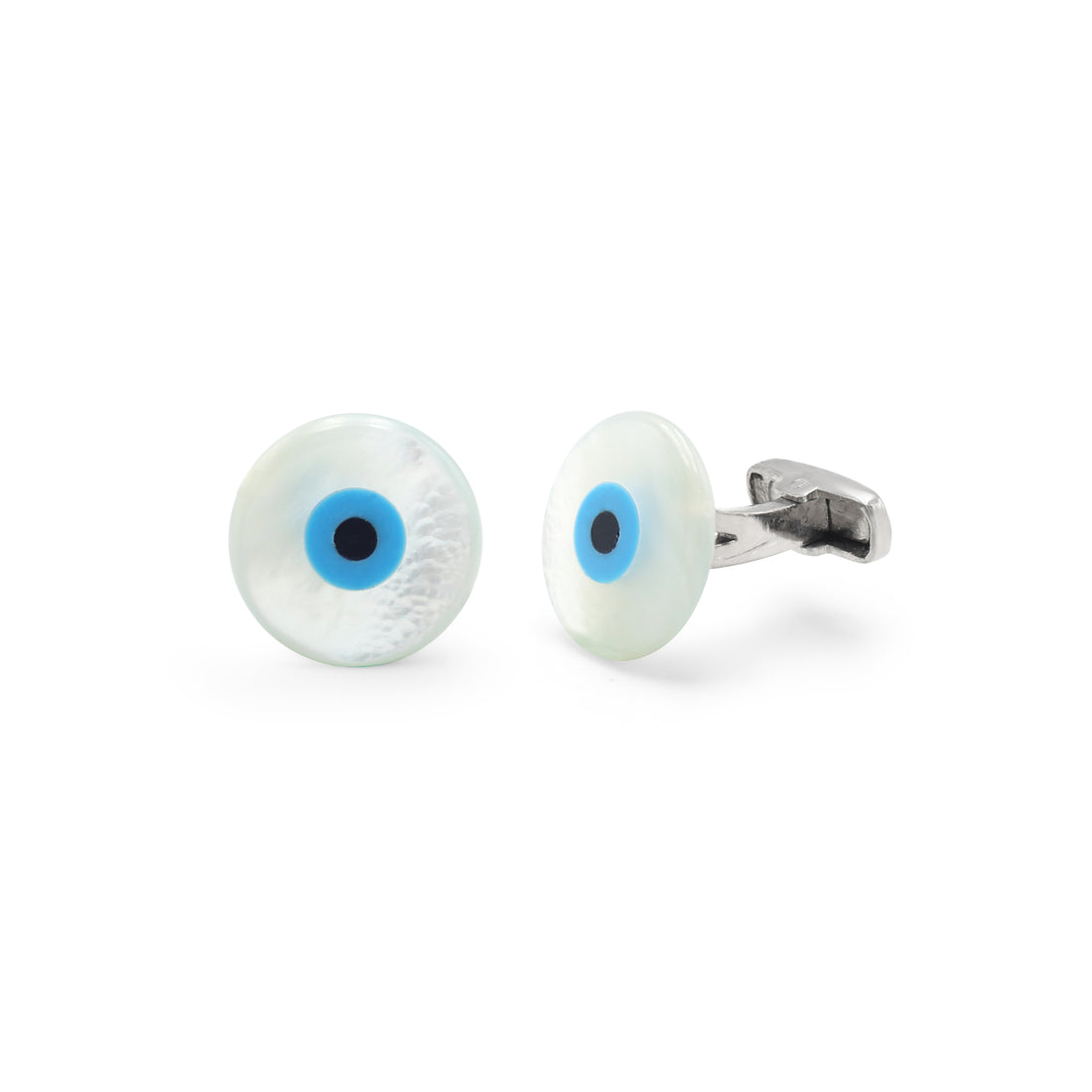 925 Silver Mother of Pearl Evil Eye Cufflinks Side View