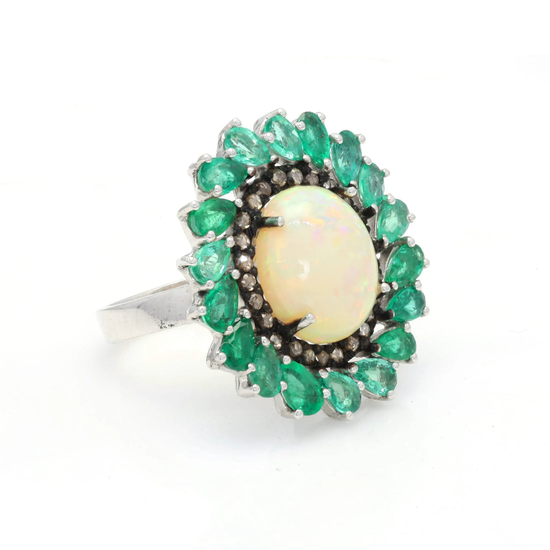 925 Silver Opal & Emerald Single Cut Diamond Ring