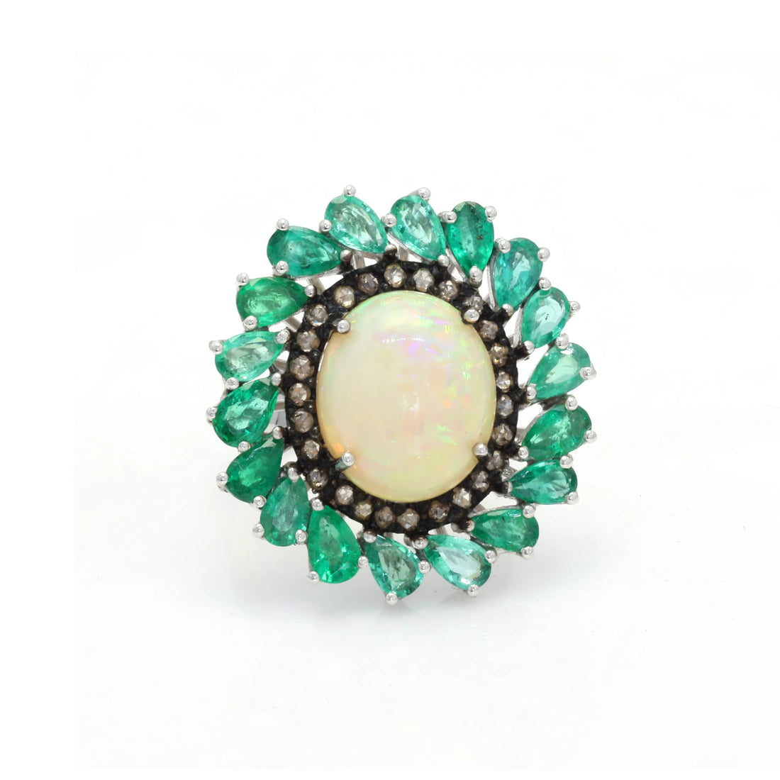 925 Silver Opal & Emerald Single Cut Diamond Ring