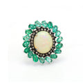 925 Silver Opal & Emerald Single Cut Diamond Ring Front View