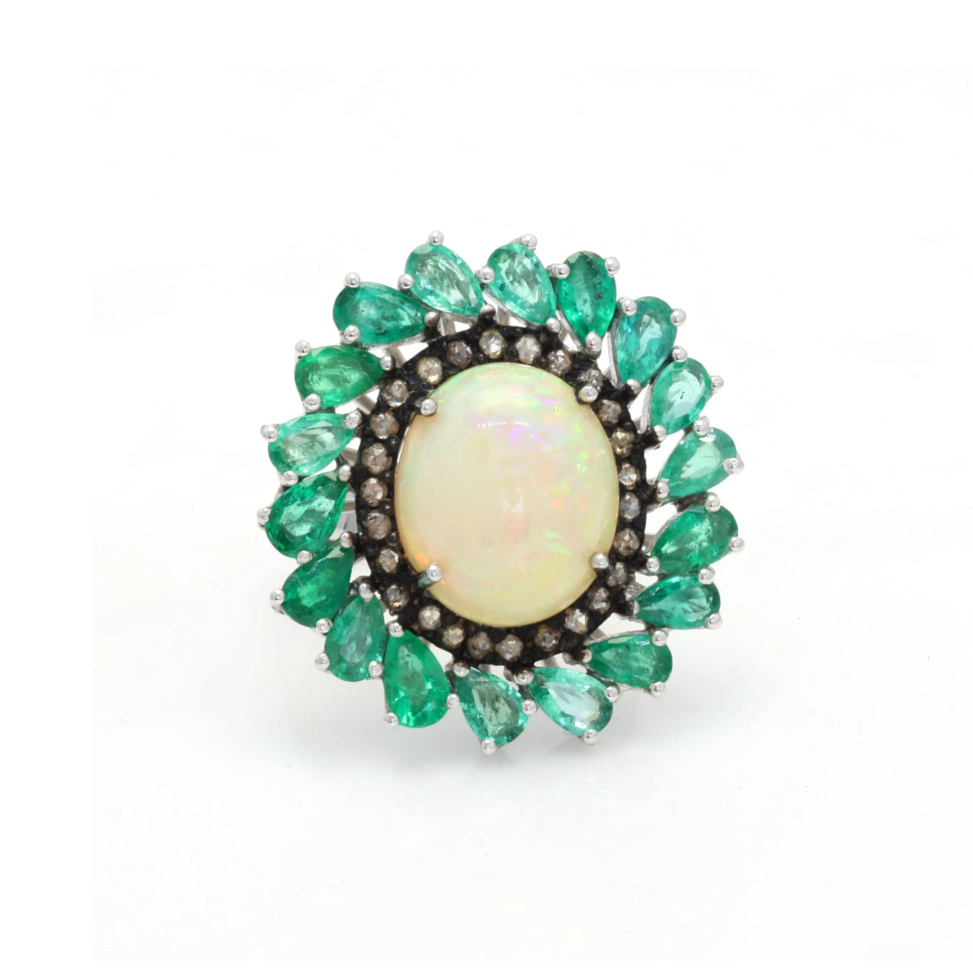 925 Silver Opal & Emerald Single Cut Diamond Ring Front View