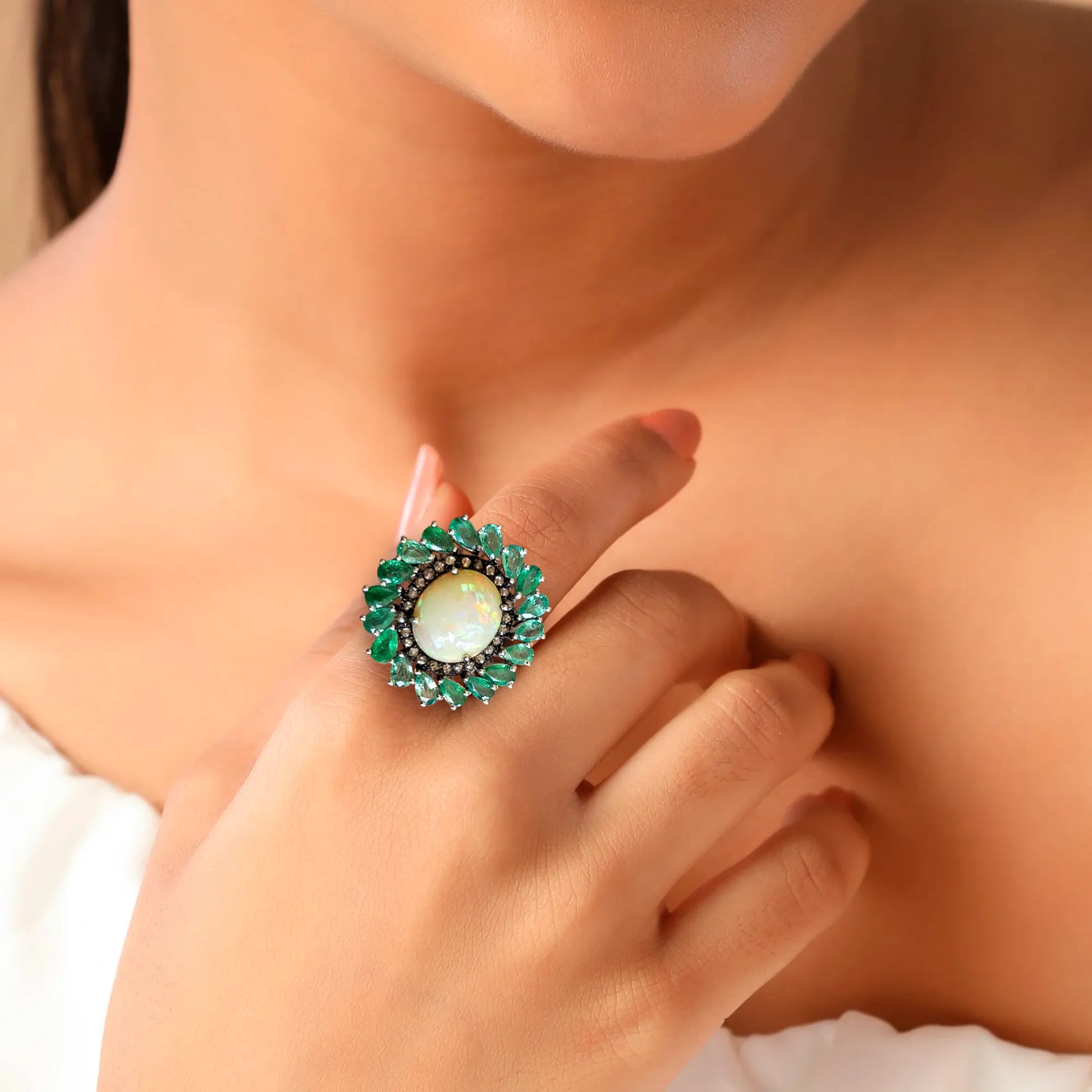 925 Silver Opal & Emerald Single Cut Diamond Ring on Hand