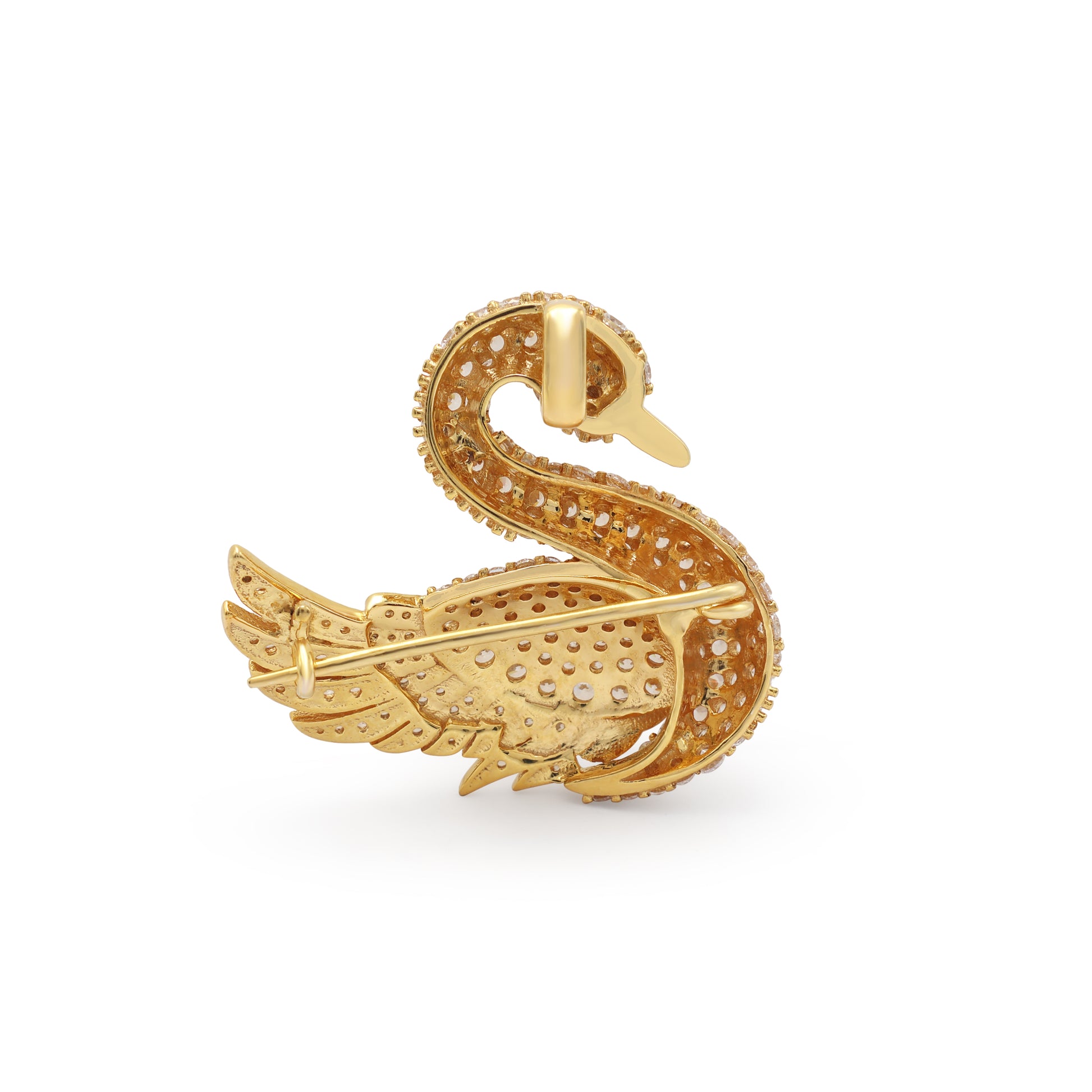 925 Silver Yellow Gold Plated Duck Shaped Cubic Zirconias Brooch Back View