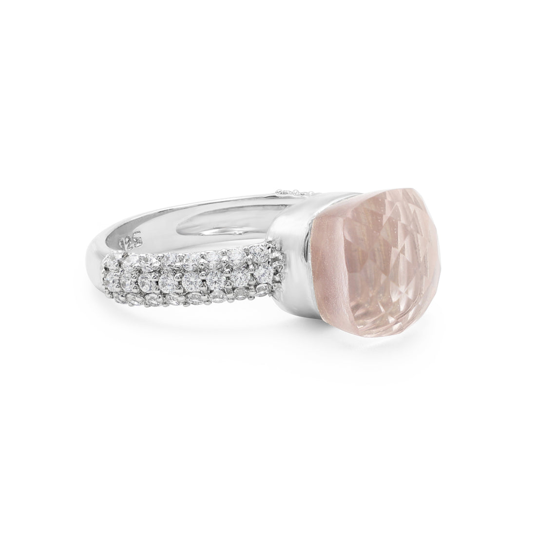 925 Sterling Silver 18K Rhodium Plated Rose Quartz Ring La Joyeria