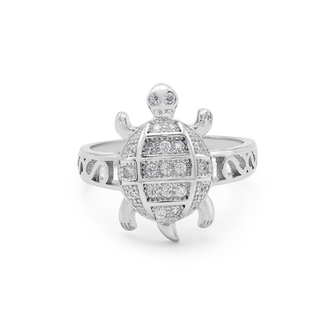 925 Sterling Silver 18K Rhodium Plated Tortoise Cubic Zirconias Fortune Ring Front View La Joyeria