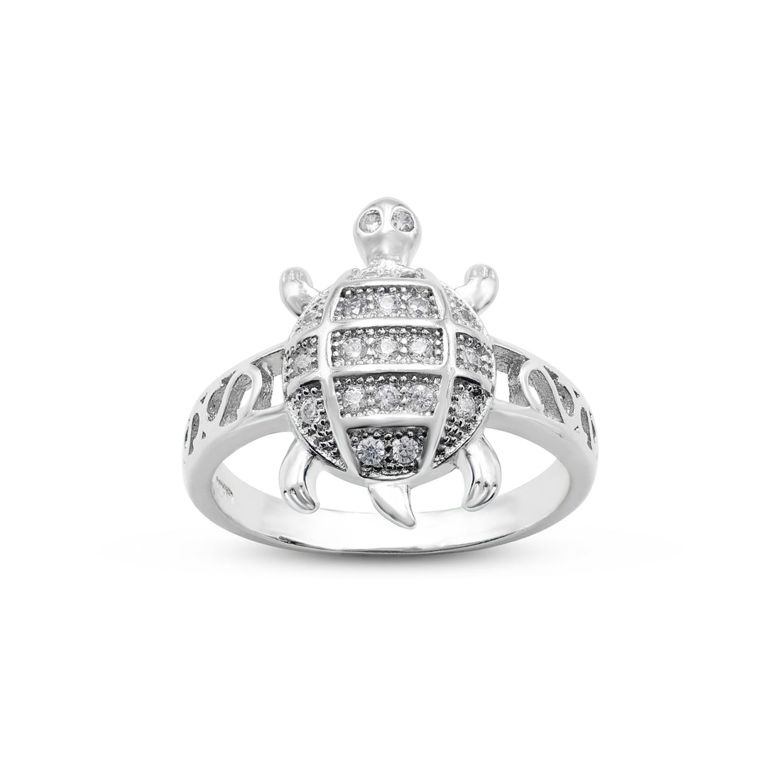 925 Sterling Silver 18K Rhodium Plated Tortoise Cubic Zirconias Fortune Ring Front View La Joyeria