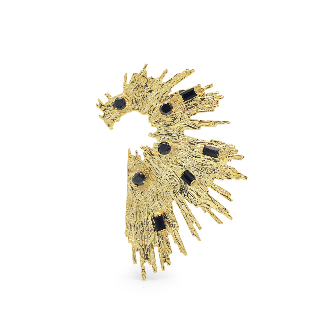 925 Sterling Silver Abstract Brooch | Yellow Gold Plated | Black Onyx Stone