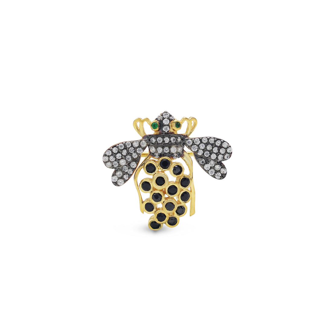 925 Sterling Silver Bee Brooch | Cubic Zirconia, Lab-Grown Green Stone & Black Spinel
