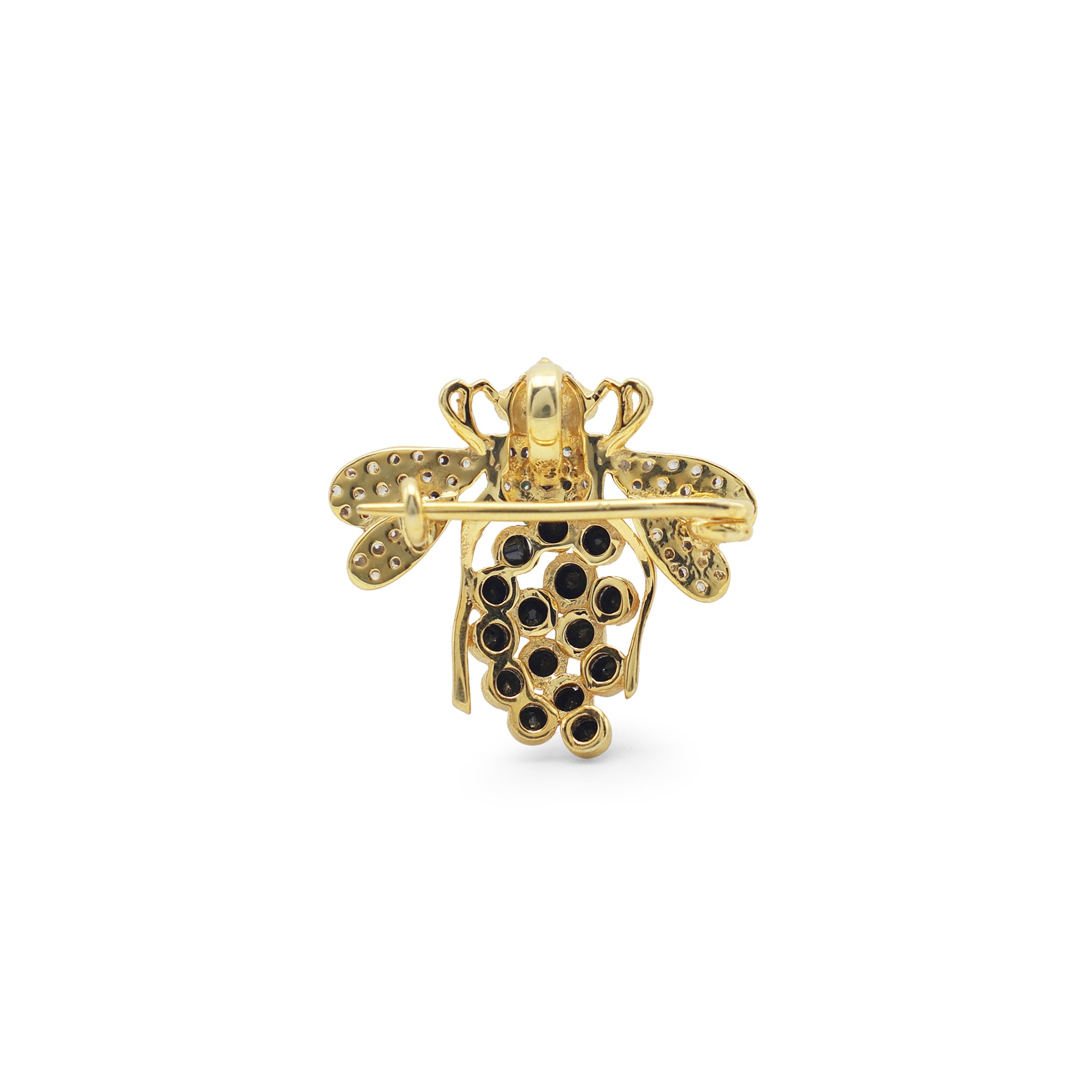 925 Sterling Silver Bee Brooch | Cubic Zirconia, Lab-Grown Green Stone & Black Spinel Back Image 
