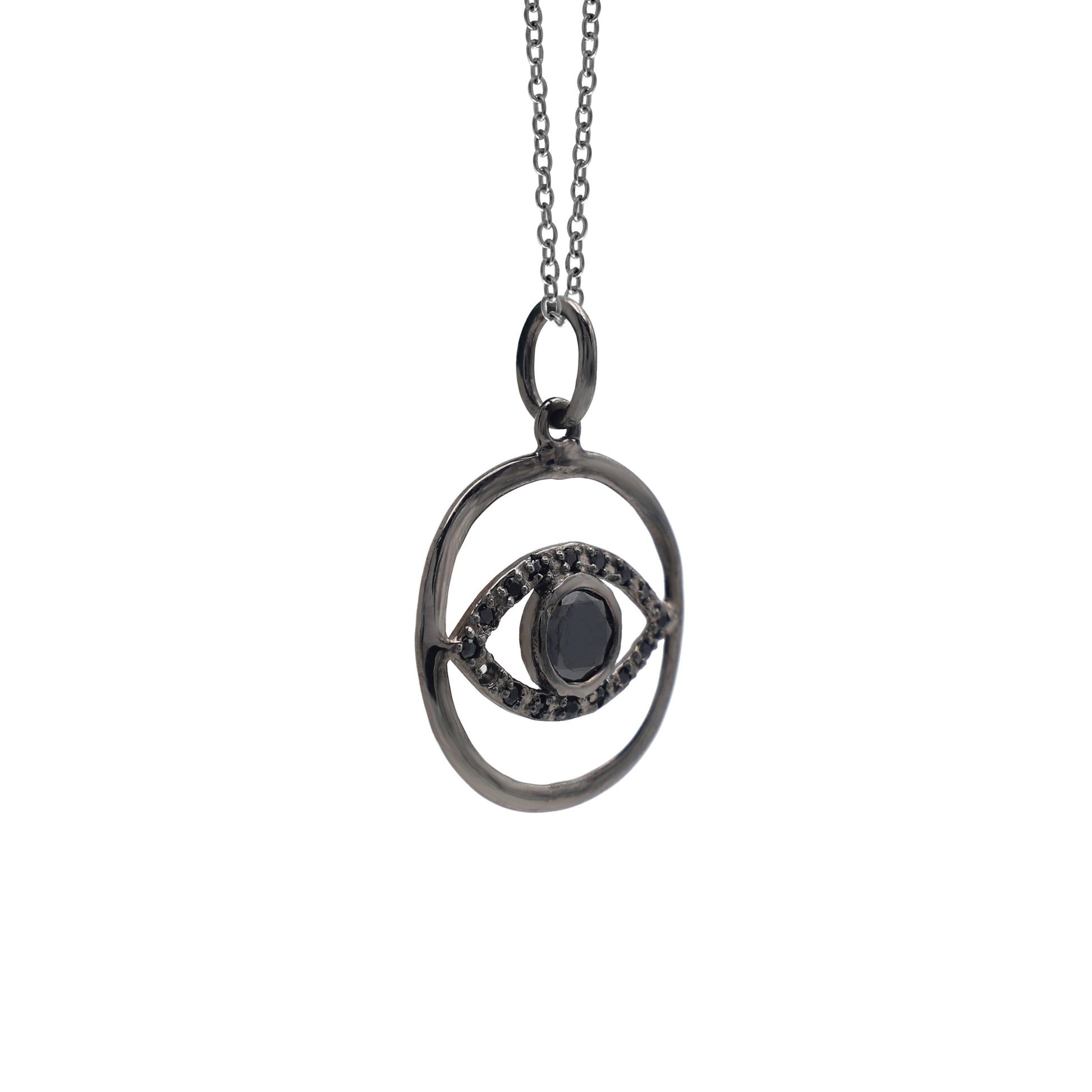 925 Sterling Silver Black Onyx Evil Eye Black Spinel Pendant Side View La Joyeria