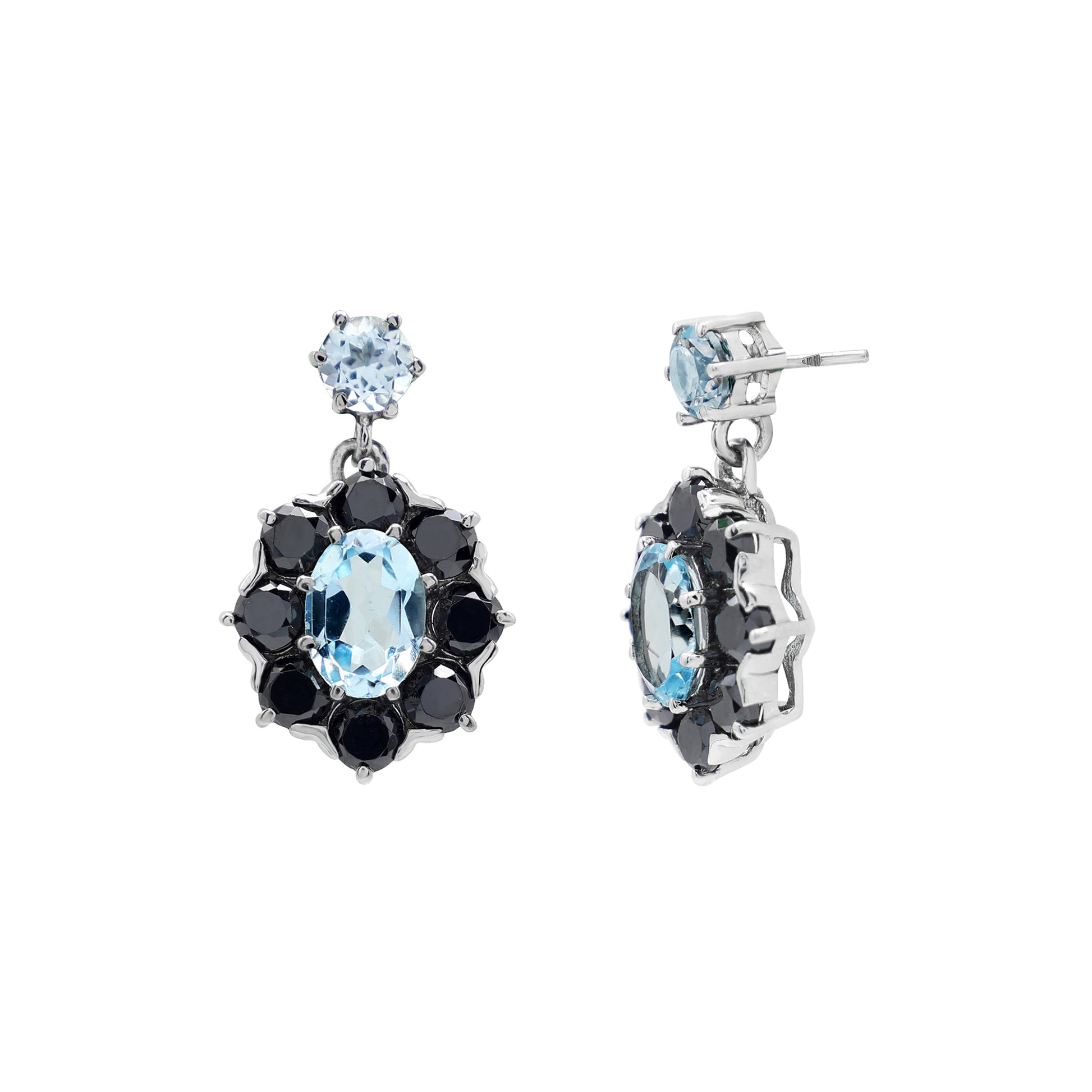 925 Sterling Silver Blue Topaz & Black Spinel Earrings | White Gold Plated Side Image