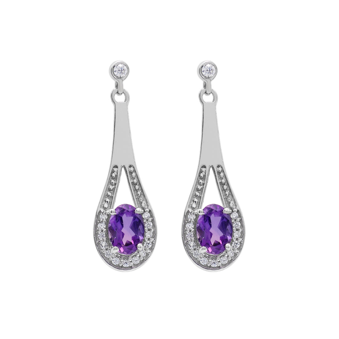 925 Sterling Silver Cubic Zirconia & Amethyst Dangle Earrings
