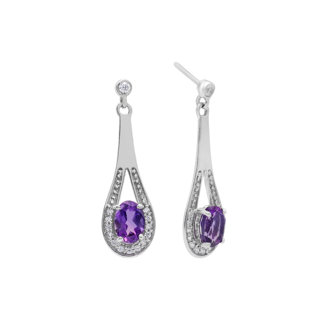 925 Sterling Silver Cubic Zirconia & Amethyst Dangle Earrings
