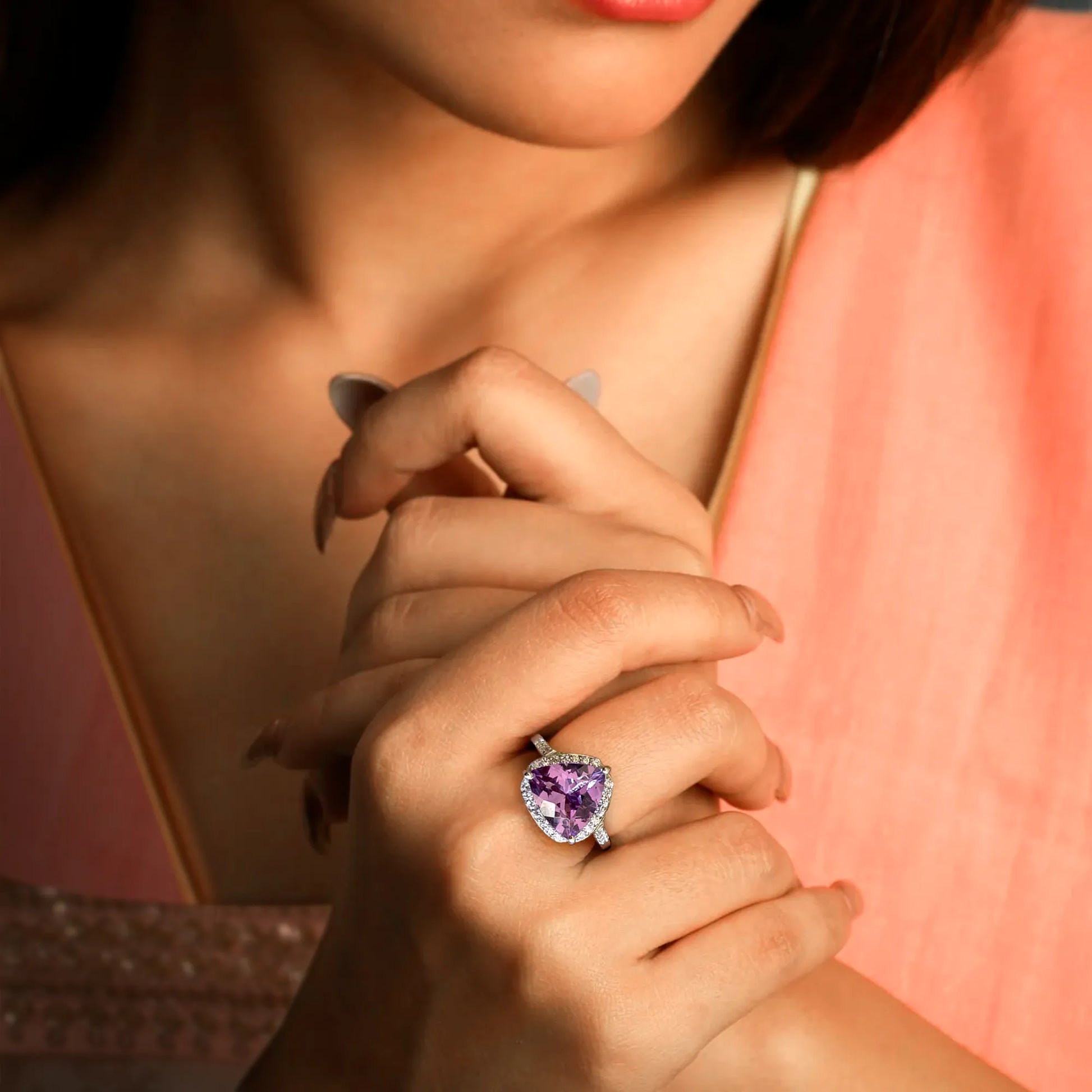 925 Sterling Silver Cubic Zirconia & Amethyst Ring Front View on Hand