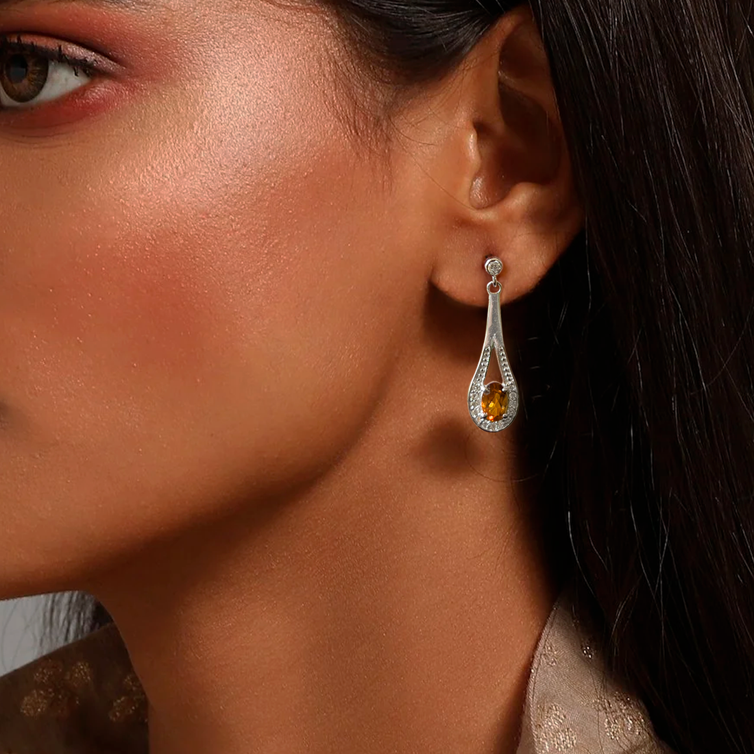 925 Sterling Silver Cubic Zirconia & Citrine Dangle Earrings