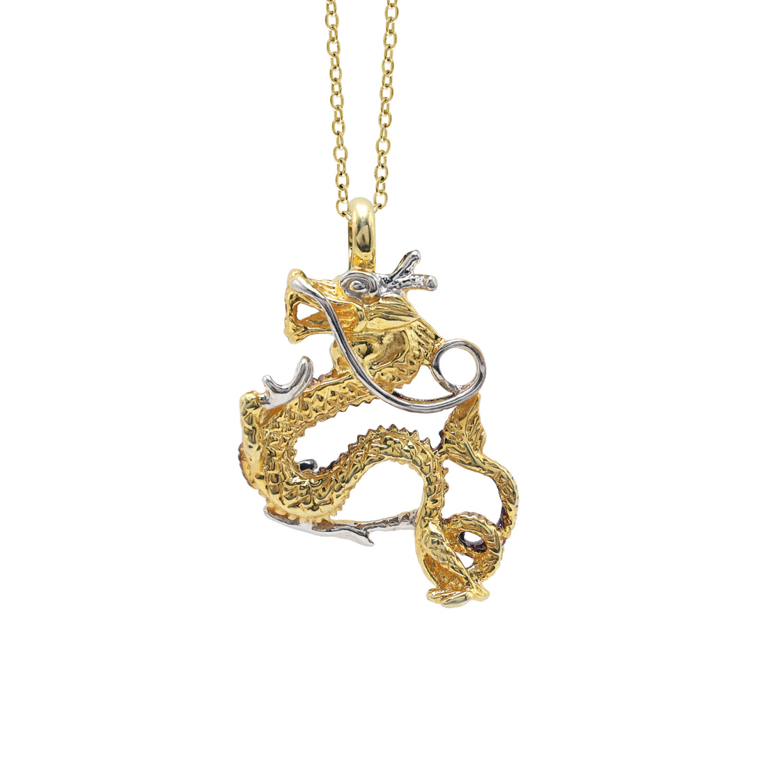 925 Sterling Silver Dragon Pendant Necklace (Dual Tone)