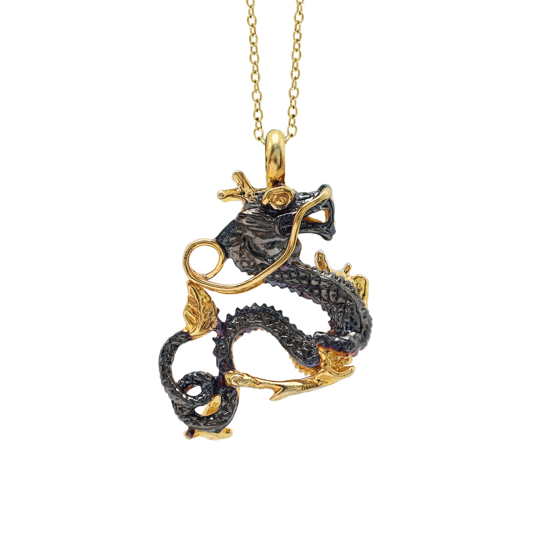 925 Sterling Silver Dragon Pendant Necklace (Dual Tone)
