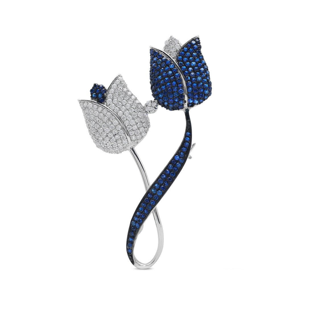 925 Sterling Silver Floral Brooch Cubic Zirconia & Lab-Grown Blue Stone