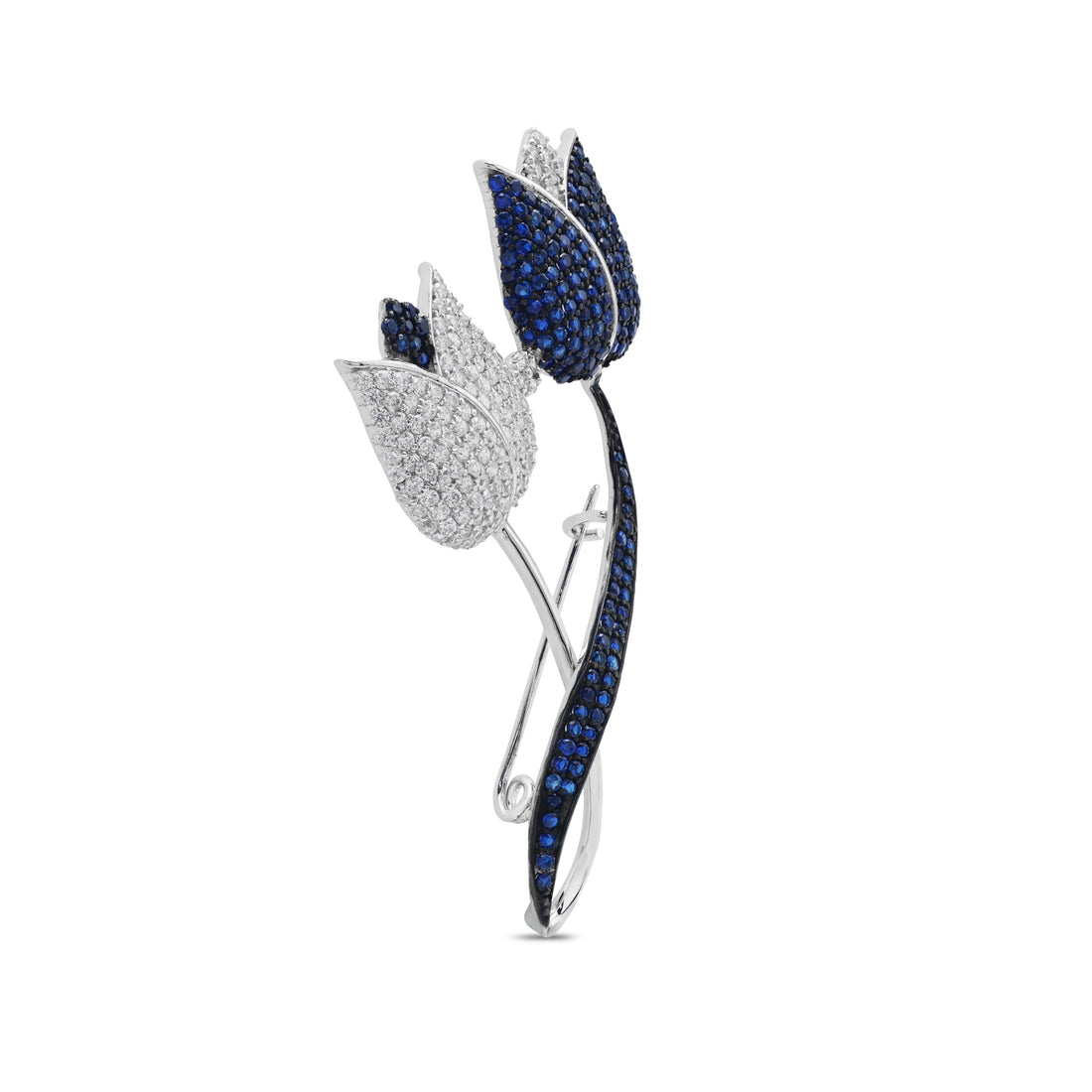 925 Sterling Silver Floral Brooch Cubic Zirconia & Lab-Grown Blue Stone