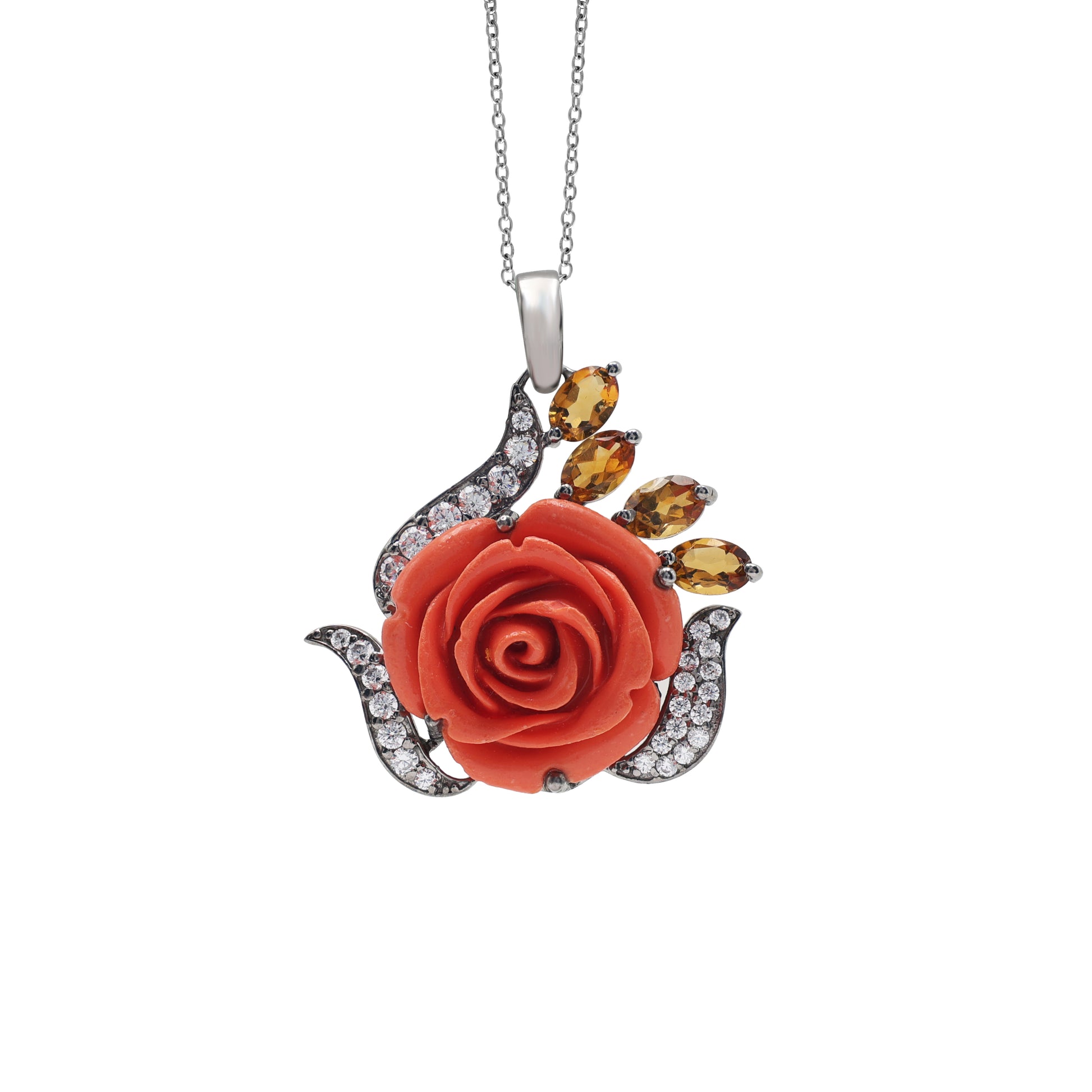 925 Sterling Silver Lab-Grown Coral Red Floral Pendant La Joyeria