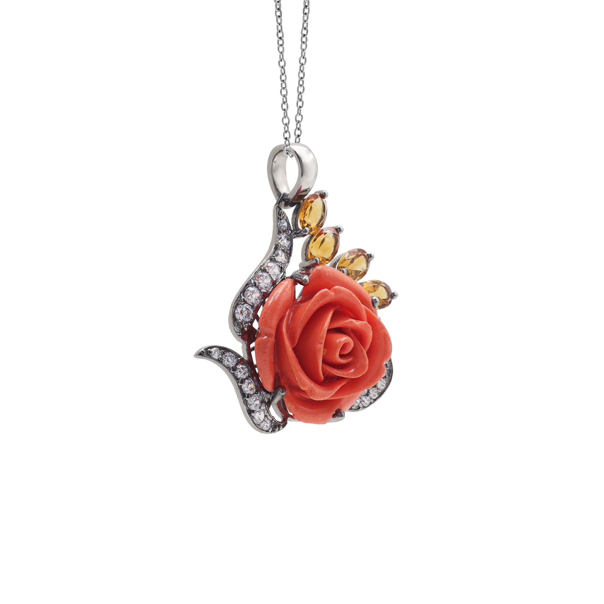 925 Sterling Silver Lab-Grown Coral Red Floral Pendant Side View La Joyeria