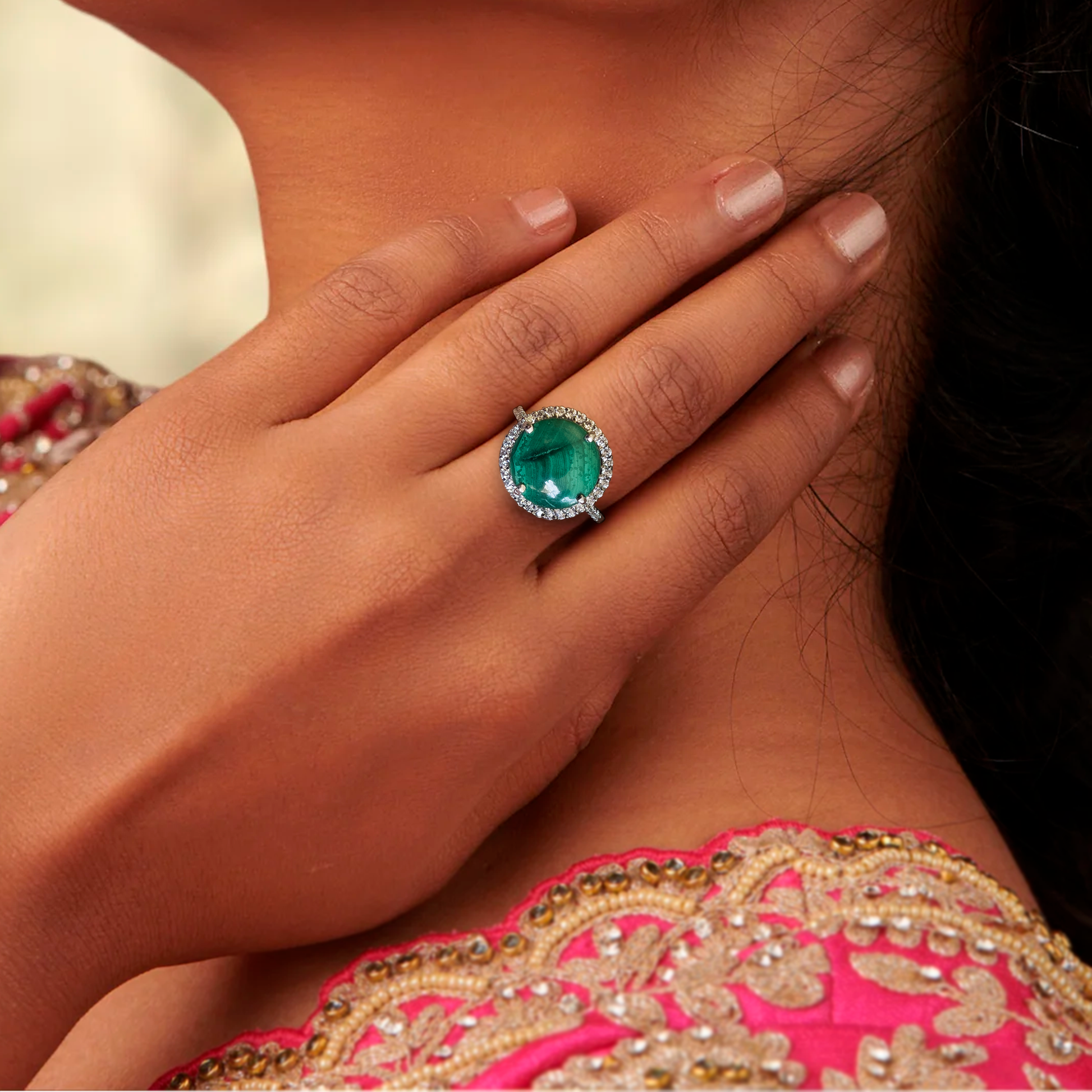 925 Sterling Silver Malachite Ring - Green Stone Unisex Ring Front View On Finger