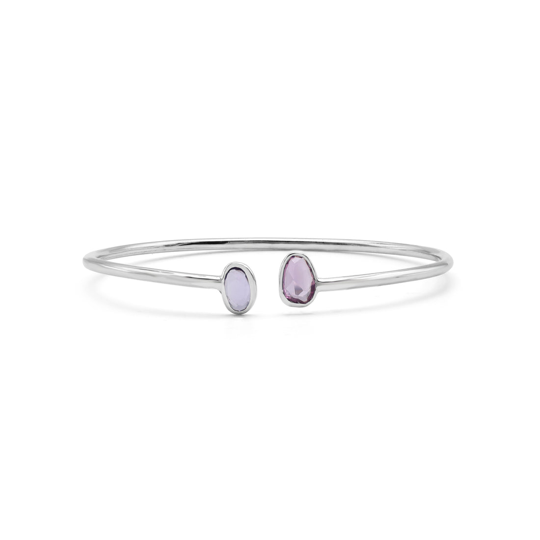 925 Sterling Silver Open Bangle with Dual Purple Gemstones – Minimalist Women’s Bracelet
