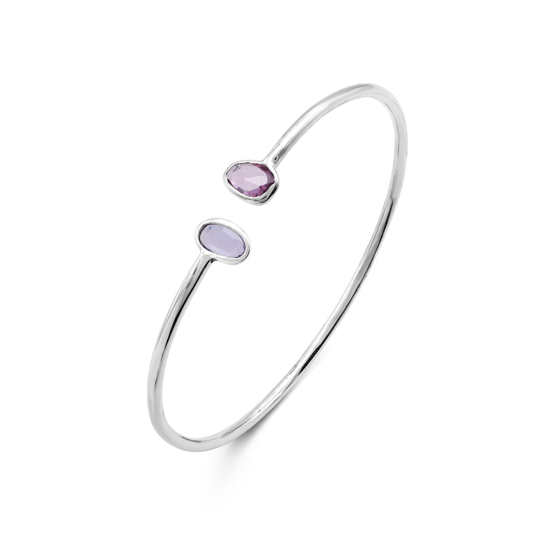 925 Sterling Silver Open Bangle with Dual Purple Gemstones – Minimalist Women’s Bracelet
