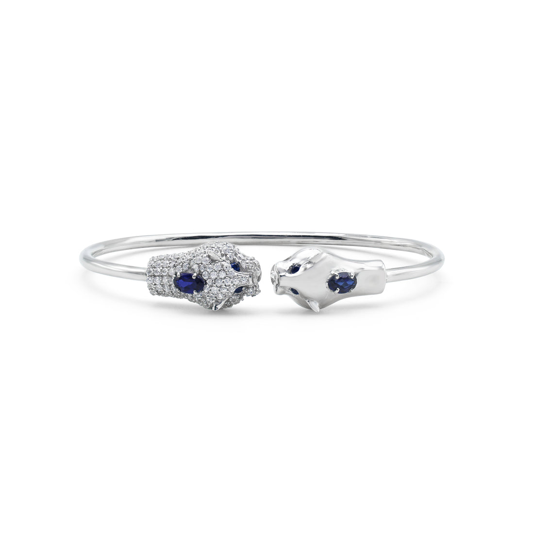 925 Sterling Silver Panther Head Bangle Bracelet with Lab Grown Blue Stone Eyes