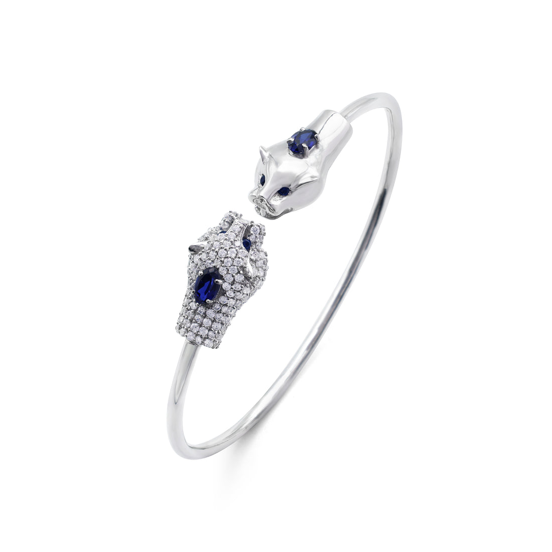 925 Sterling Silver Panther Head Bangle Bracelet with Lab Grown Blue Stone Eyes