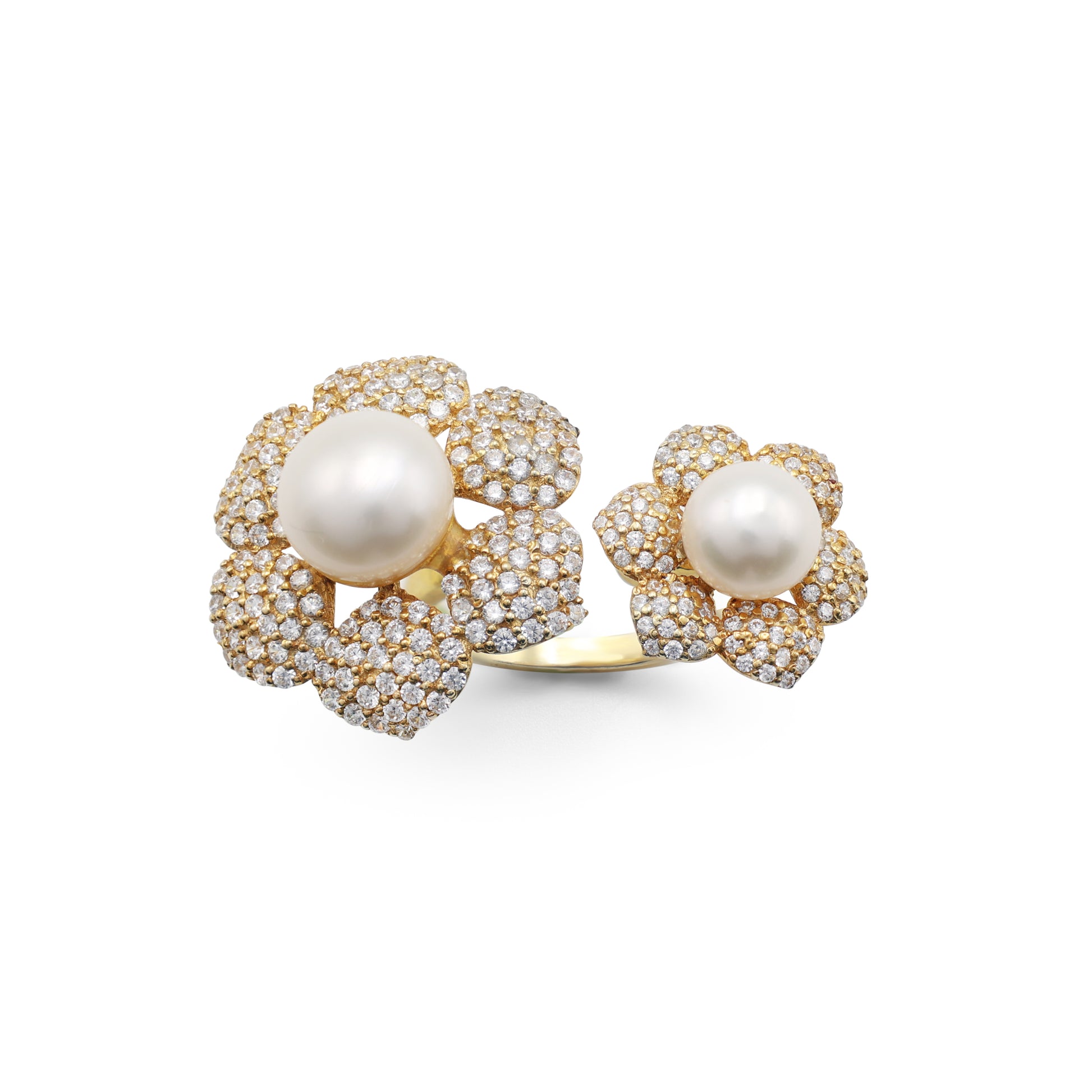 925 Sterling Silver Rhodium Plated Floral Ring with Pearls Front-Top View La Joyeria