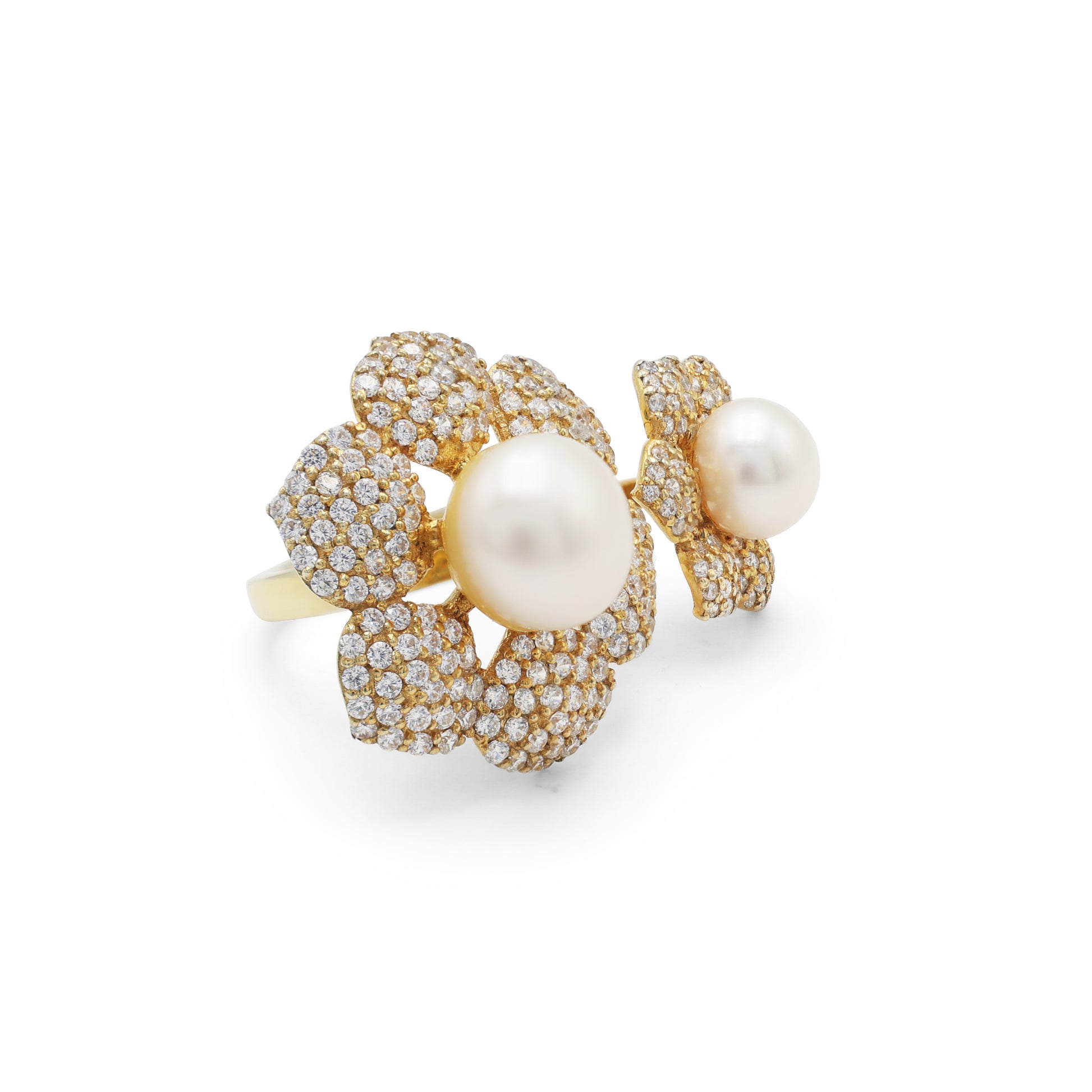 925 Sterling Silver Rhodium Plated Floral Ring with Pearls Side View